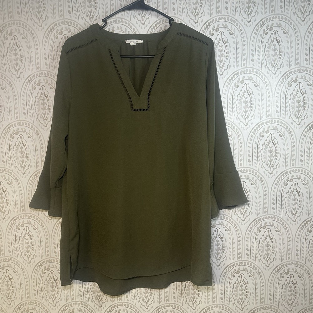 Maurices‎ Women's Blouse Size Large Olive Green Long Sleeve Embroidered Trim